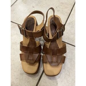 Kork Ease Brown Leather Macey Platform Block Heel Woven Straps Sandals Sz 10
